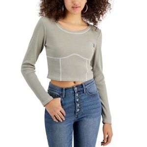 Crave Fame Juniors Corset-Seamed long Sleeve Shirt Top, medium olive